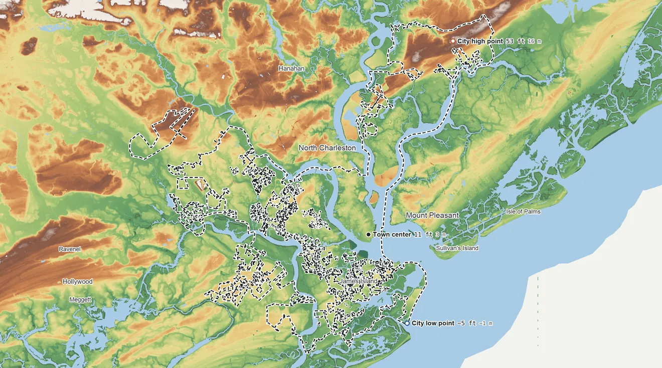 Topographic elevation map of Charleston, South Carolina, shaded from −5 ft on the southeast side to 53 ft on the northeast side
