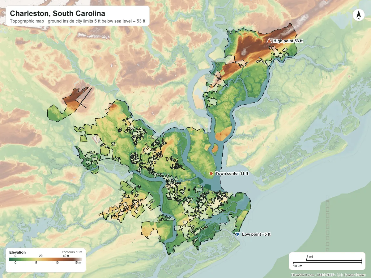 Topographic elevation map of Charleston, South Carolina, shaded from −5 ft on the southeast side to 53 ft on the northeast side