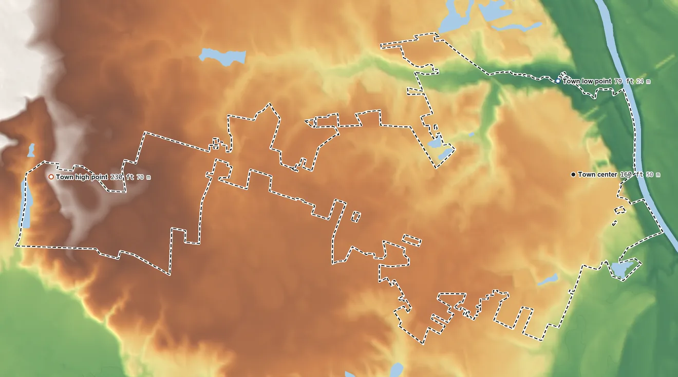 Topographic elevation map of Cheraw, South Carolina, shaded from 79 ft on the north side to 230 ft on the west side