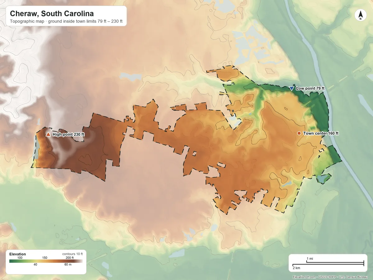 Topographic elevation map of Cheraw, South Carolina, shaded from 79 ft on the north side to 230 ft on the west side