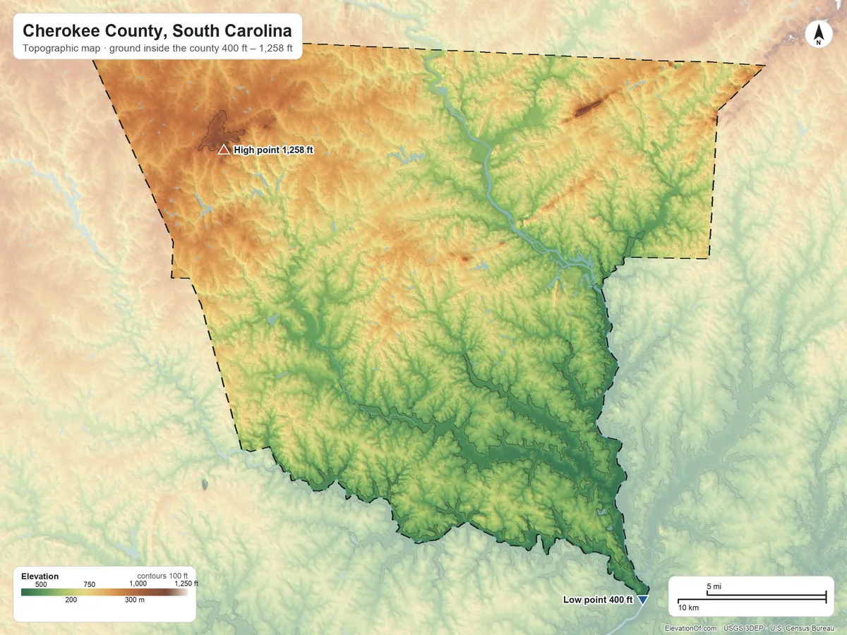 Topographic elevation map of Cherokee County, South Carolina, shaded from 400 ft on the southeast side to 1,258 ft on Thicketty Mountain
