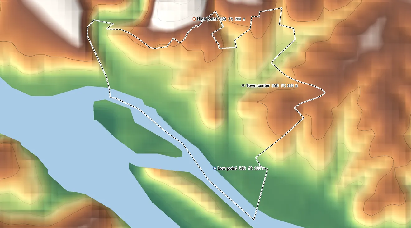 Topographic elevation map of Cherokee Falls, South Carolina, shaded from 510 ft on the south side to 660 ft on the northwest side
