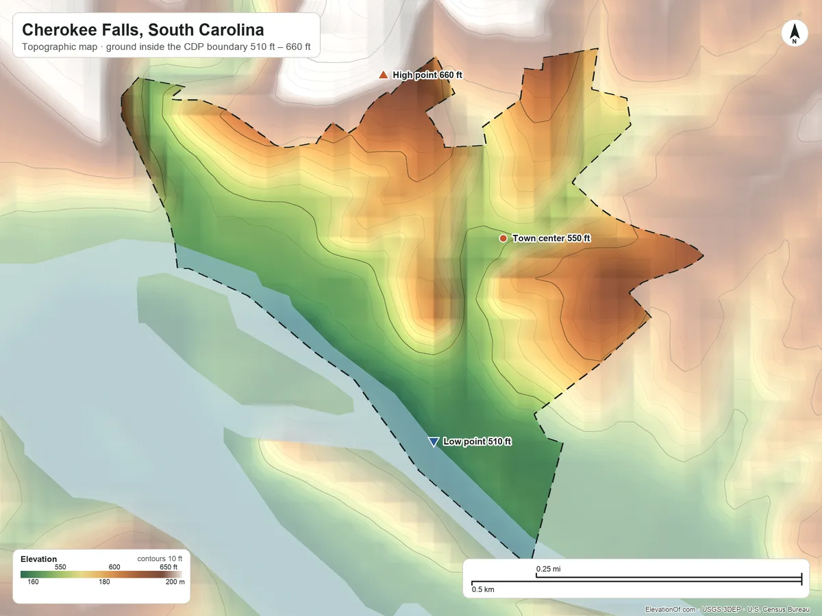 Topographic elevation map of Cherokee Falls, South Carolina, shaded from 510 ft on the south side to 660 ft on the northwest side