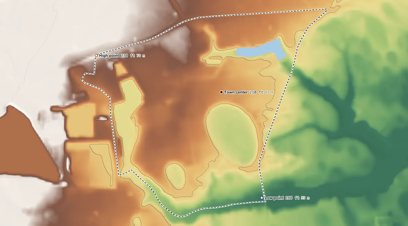 Topographic elevation map of Cherryvale, South Carolina, shaded from 180 ft on the south side to 230 ft on the west side