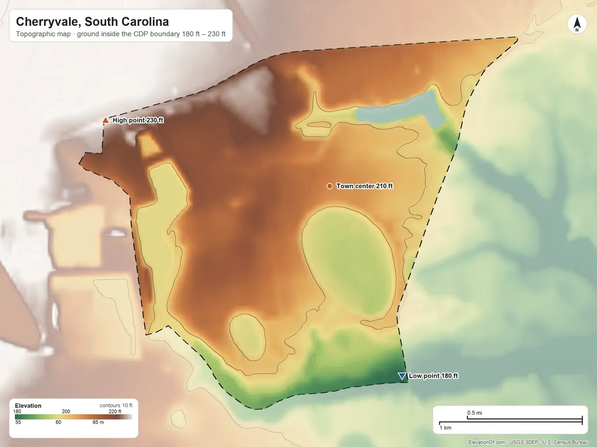 Topographic elevation map of Cherryvale, South Carolina, shaded from 180 ft on the south side to 230 ft on the west side