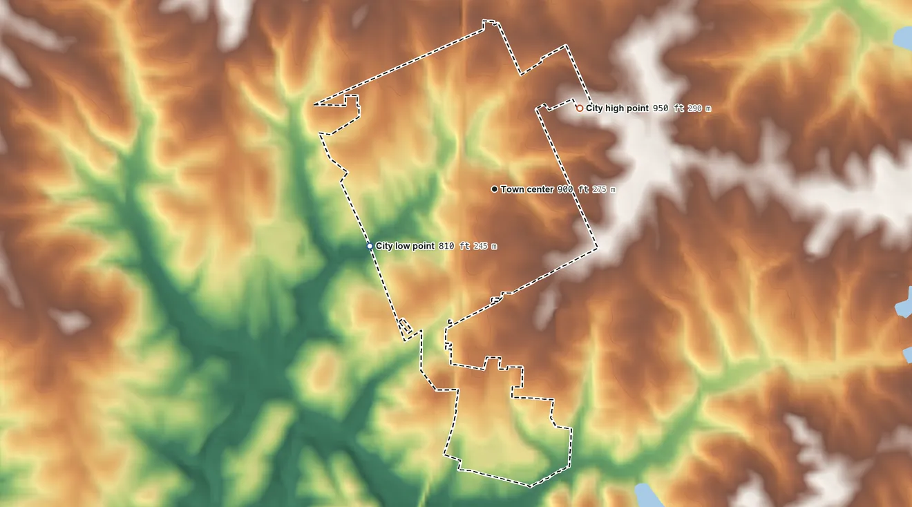 Topographic elevation map of Chesnee, South Carolina, shaded from 810 ft on the southwest side to 950 ft on the northeast side