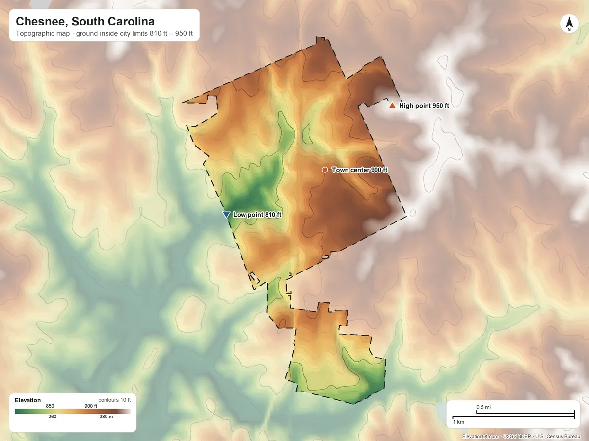 Topographic elevation map of Chesnee, South Carolina, shaded from 810 ft on the southwest side to 950 ft on the northeast side