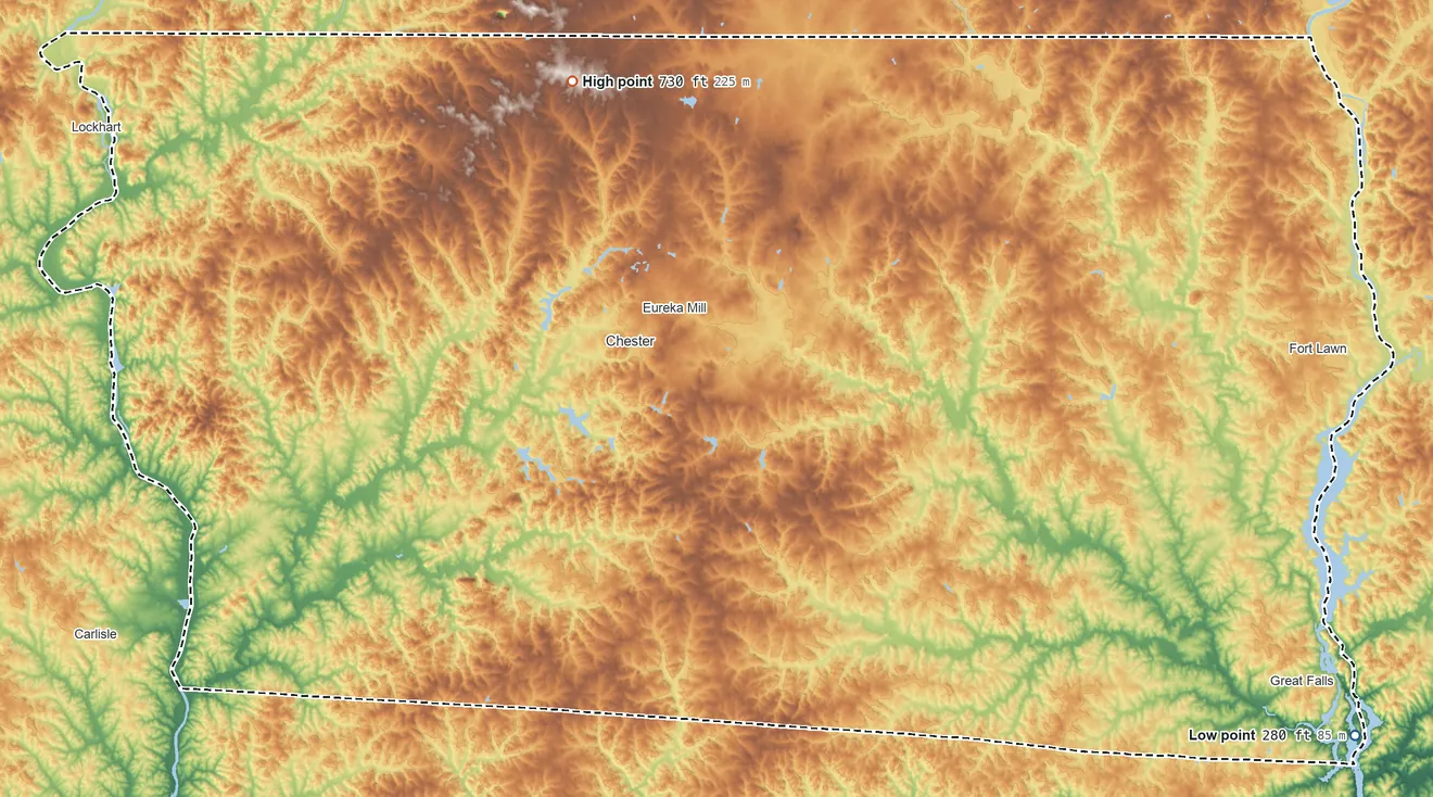 Topographic elevation map of Chester County, South Carolina, shaded from 280 ft on the southeast side to 730 ft on the northwest side
