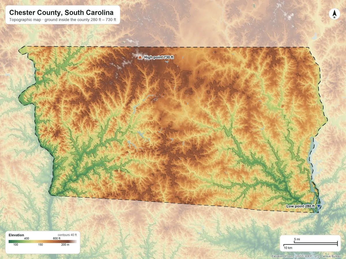Topographic elevation map of Chester County, South Carolina, shaded from 280 ft on the southeast side to 730 ft on the northwest side