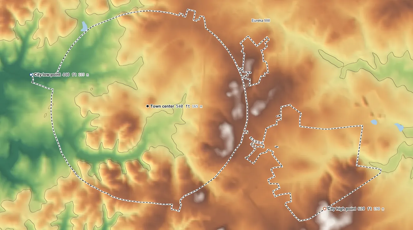 Topographic elevation map of Chester, South Carolina, shaded from 440 ft on the west side to 620 ft on the southeast side