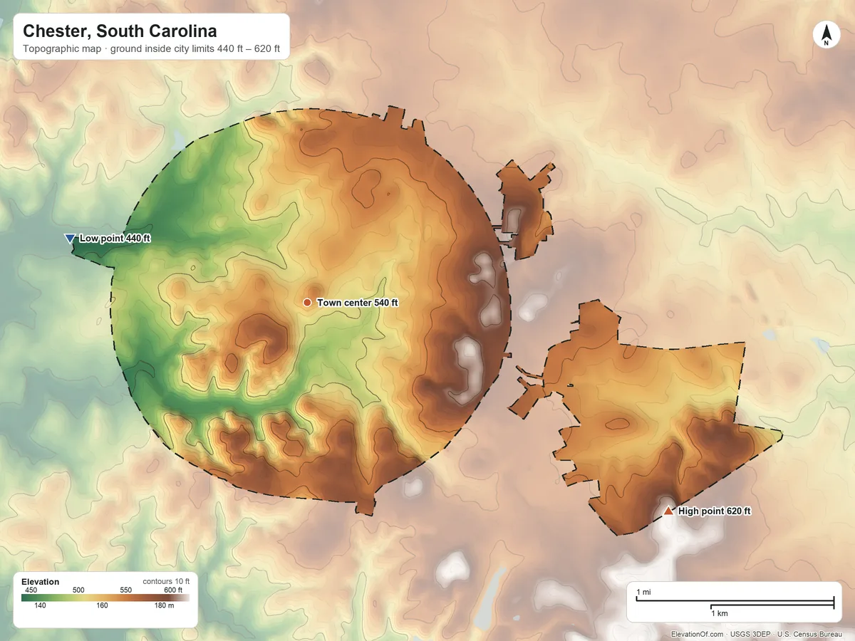 Topographic elevation map of Chester, South Carolina, shaded from 440 ft on the west side to 620 ft on the southeast side