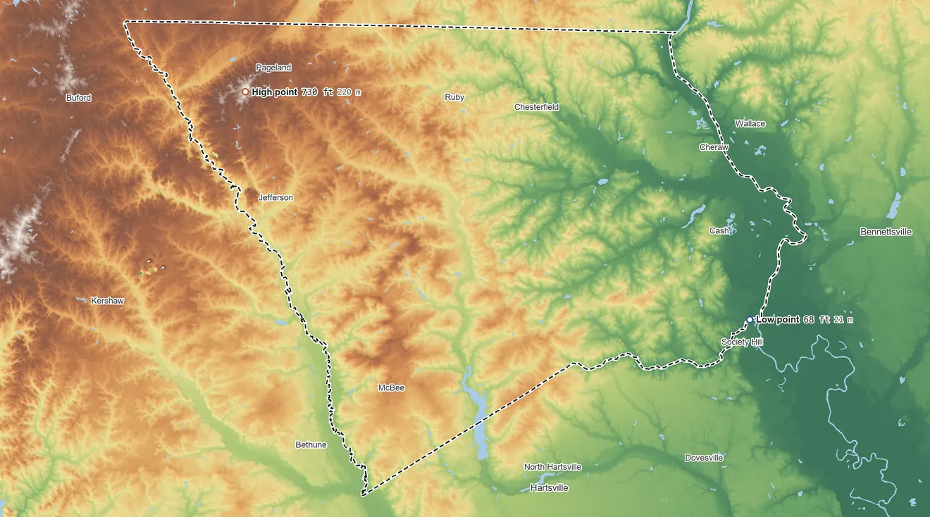 Topographic elevation map of Chesterfield County, South Carolina, shaded from 68 ft on the east side to 730 ft on the northwest side