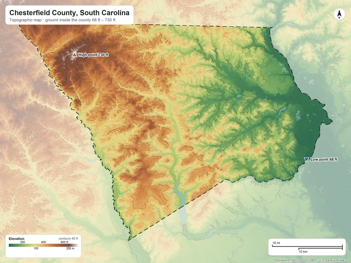 Topographic elevation map of Chesterfield County, South Carolina, shaded from 68 ft on the east side to 730 ft on the northwest side