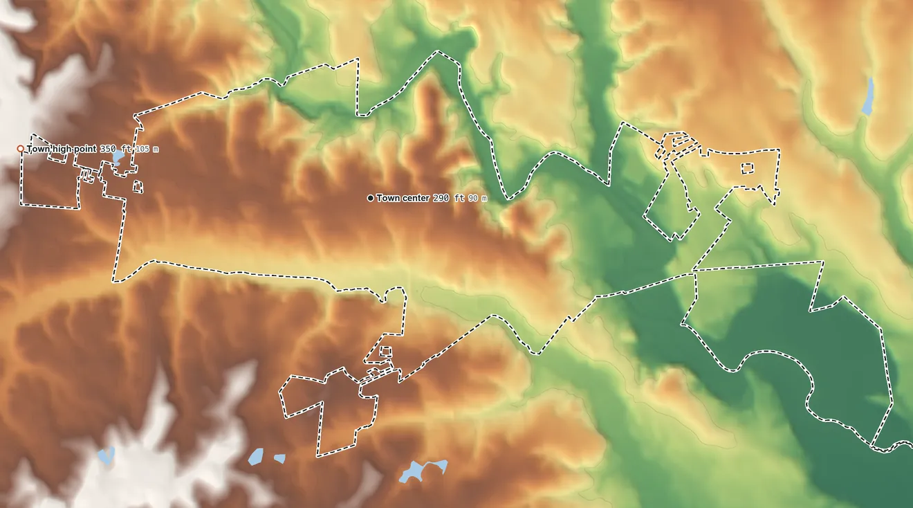 Topographic elevation map of Chesterfield, South Carolina, shaded from 130 ft on the southeast side to 350 ft on the west side