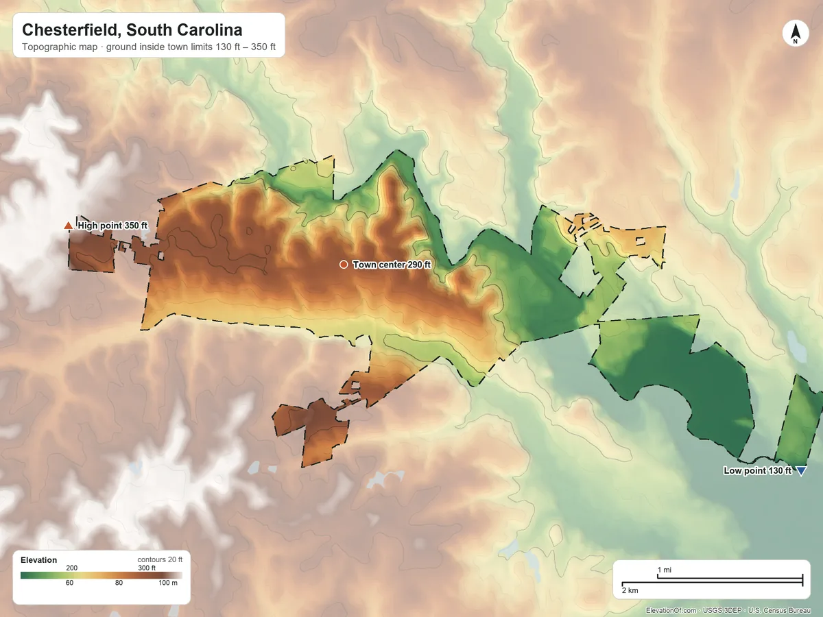 Topographic elevation map of Chesterfield, South Carolina, shaded from 130 ft on the southeast side to 350 ft on the west side