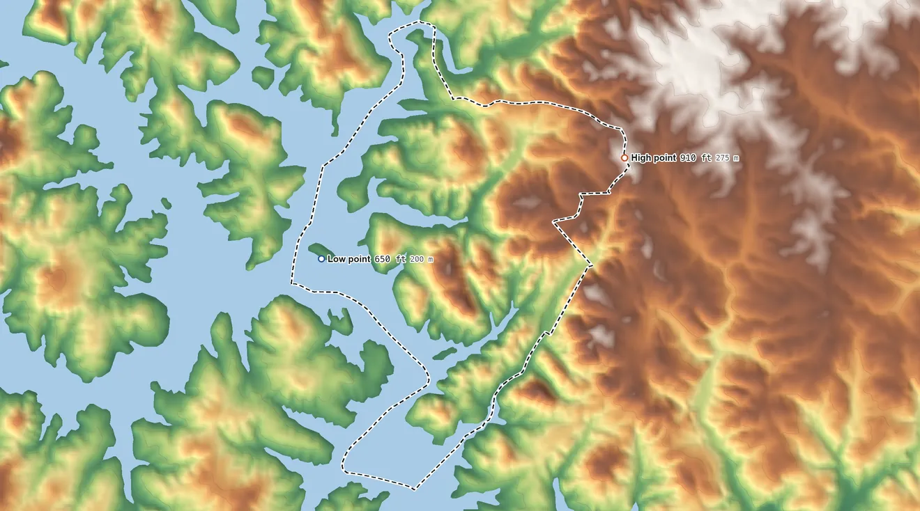 Topographic elevation map of Chickasaw Point, South Carolina, shaded from 650 ft on the west side to 910 ft on the northeast side