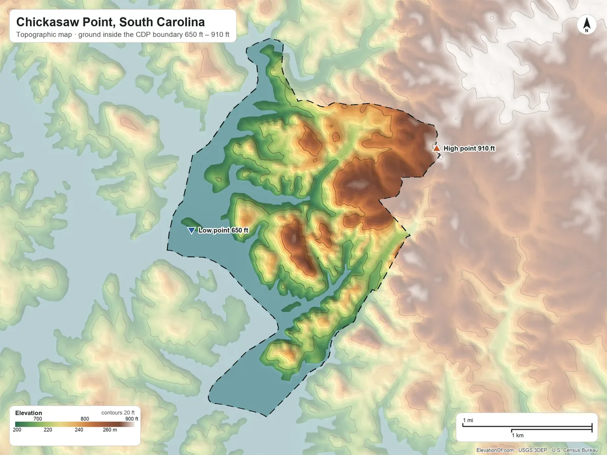 Topographic elevation map of Chickasaw Point, South Carolina, shaded from 650 ft on the west side to 910 ft on the northeast side