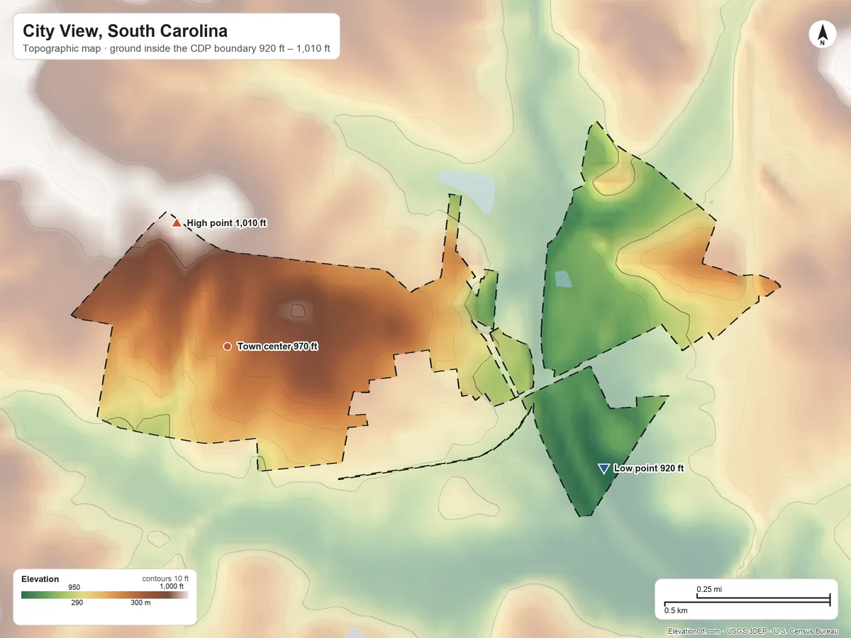 Topographic elevation map of City View, South Carolina, shaded from 920 ft on the east side to 1,010 ft on the north side