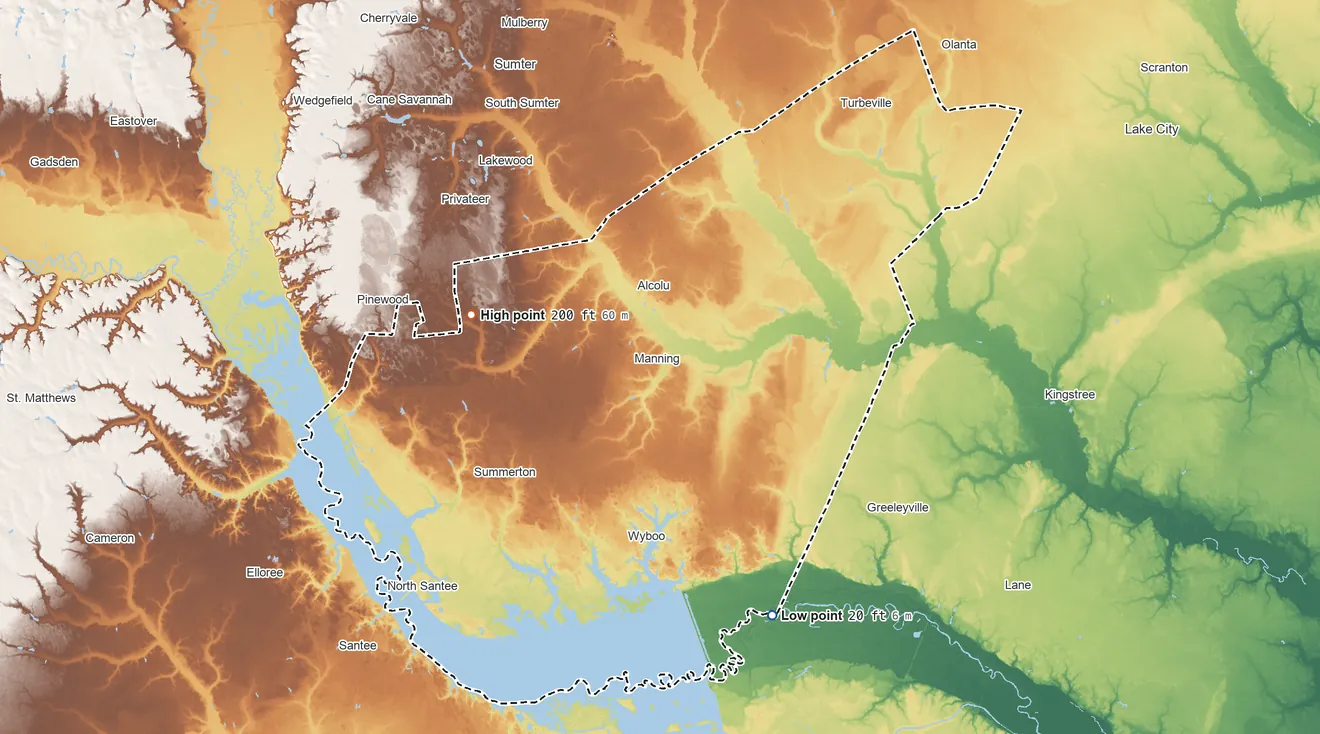 Topographic elevation map of Clarendon County, South Carolina, shaded from 20 ft on the southeast side to 200 ft on the west side