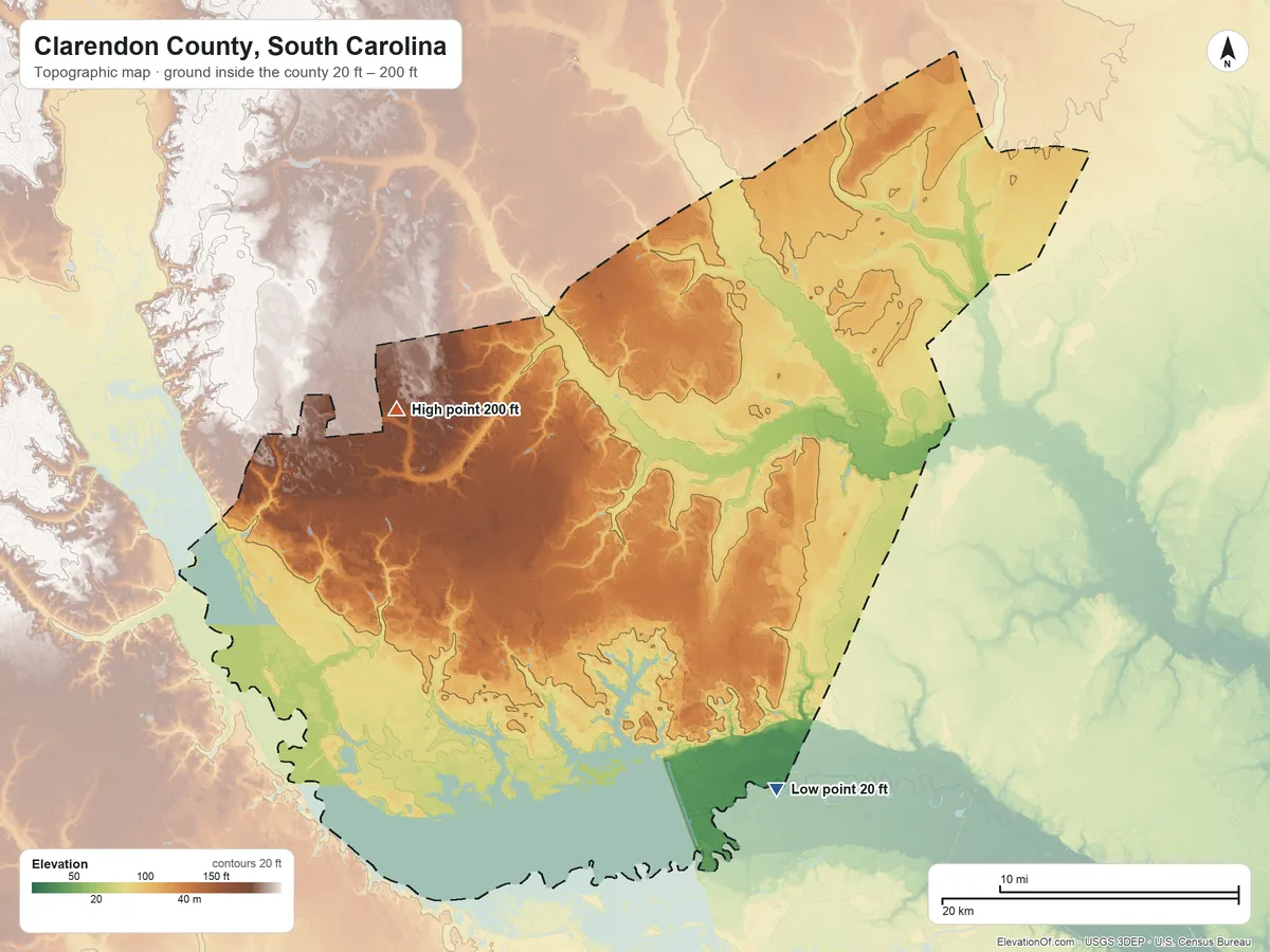 Topographic elevation map of Clarendon County, South Carolina, shaded from 20 ft on the southeast side to 200 ft on the west side