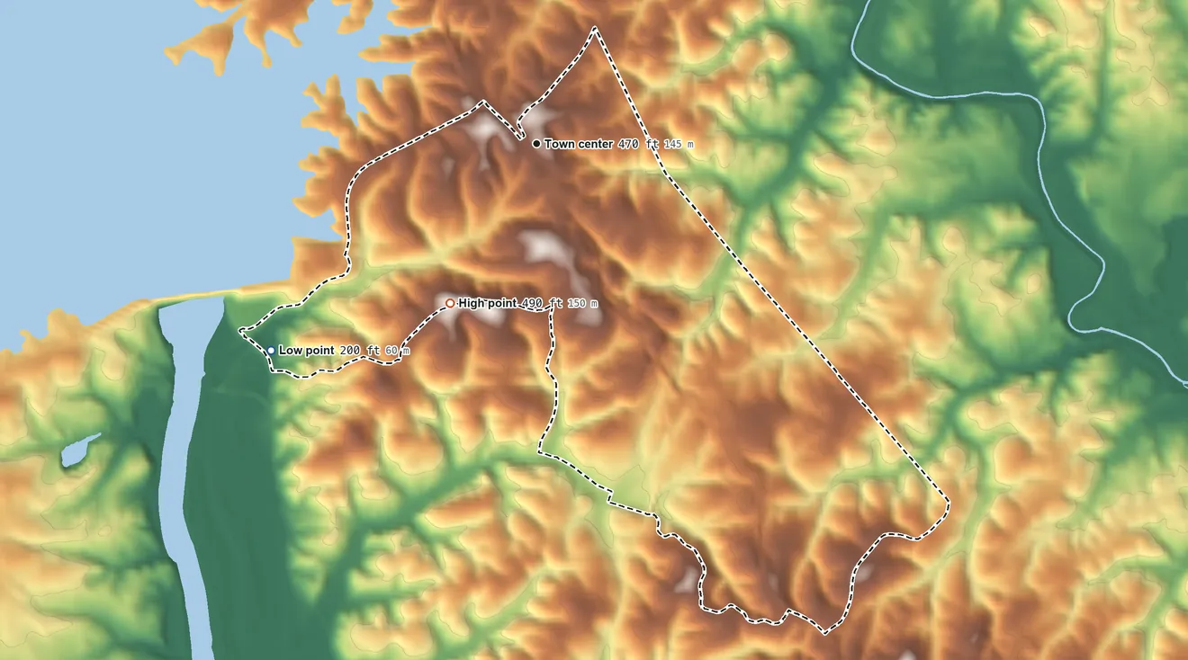 Topographic elevation map of Clarks Hill, South Carolina, shaded from 200 ft on the southwest side to 490 ft on the southwest side