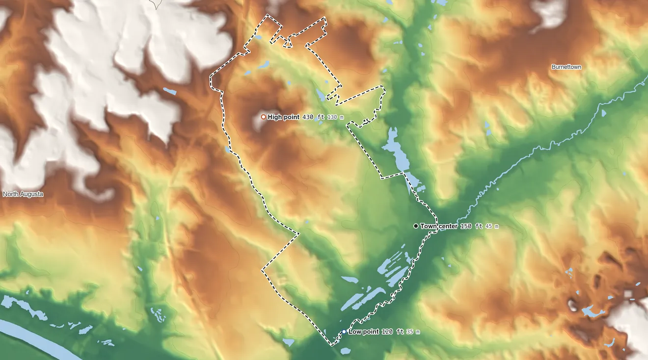 Topographic elevation map of Clearwater, South Carolina, shaded from 120 ft on the southwest side to 430 ft on the northwest side
