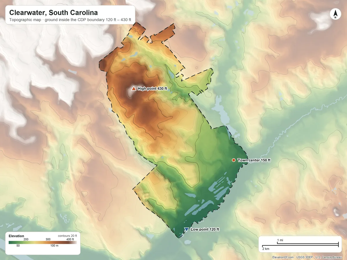 Topographic elevation map of Clearwater, South Carolina, shaded from 120 ft on the southwest side to 430 ft on the northwest side