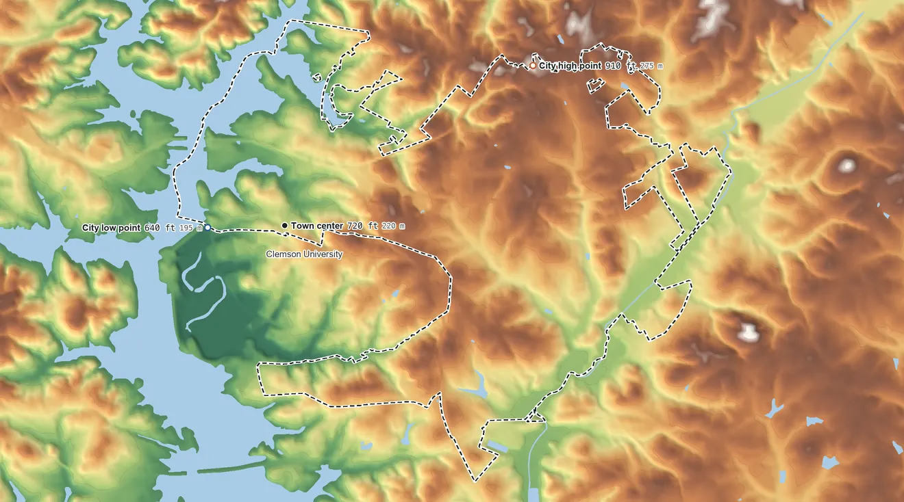Topographic elevation map of Clemson, South Carolina, shaded from 640 ft on the west side to 910 ft on the northeast side