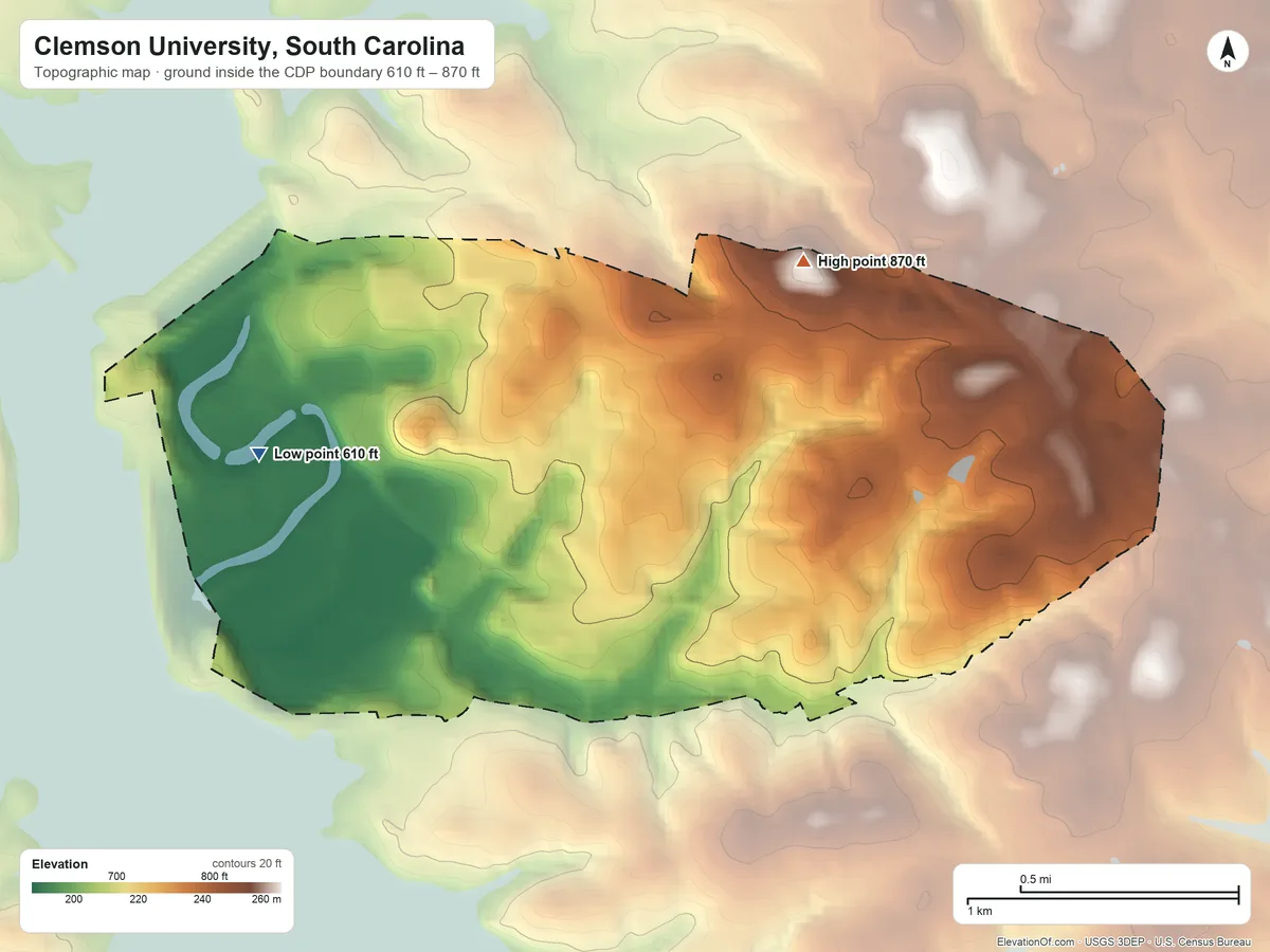 Topographic elevation map of Clemson University, South Carolina, shaded from 610 ft on the west side to 870 ft on the east side