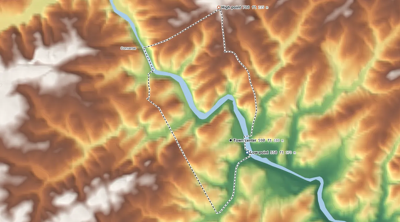 Topographic elevation map of Clifton, South Carolina, shaded from 550 ft near the middle to 780 ft on the north side