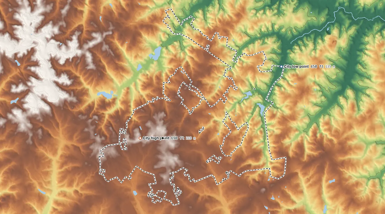 Topographic elevation map of Clinton, South Carolina, shaded from 450 ft on the northeast side to 690 ft near the middle