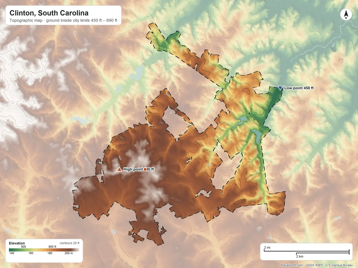 Topographic elevation map of Clinton, South Carolina, shaded from 450 ft on the northeast side to 690 ft near the middle