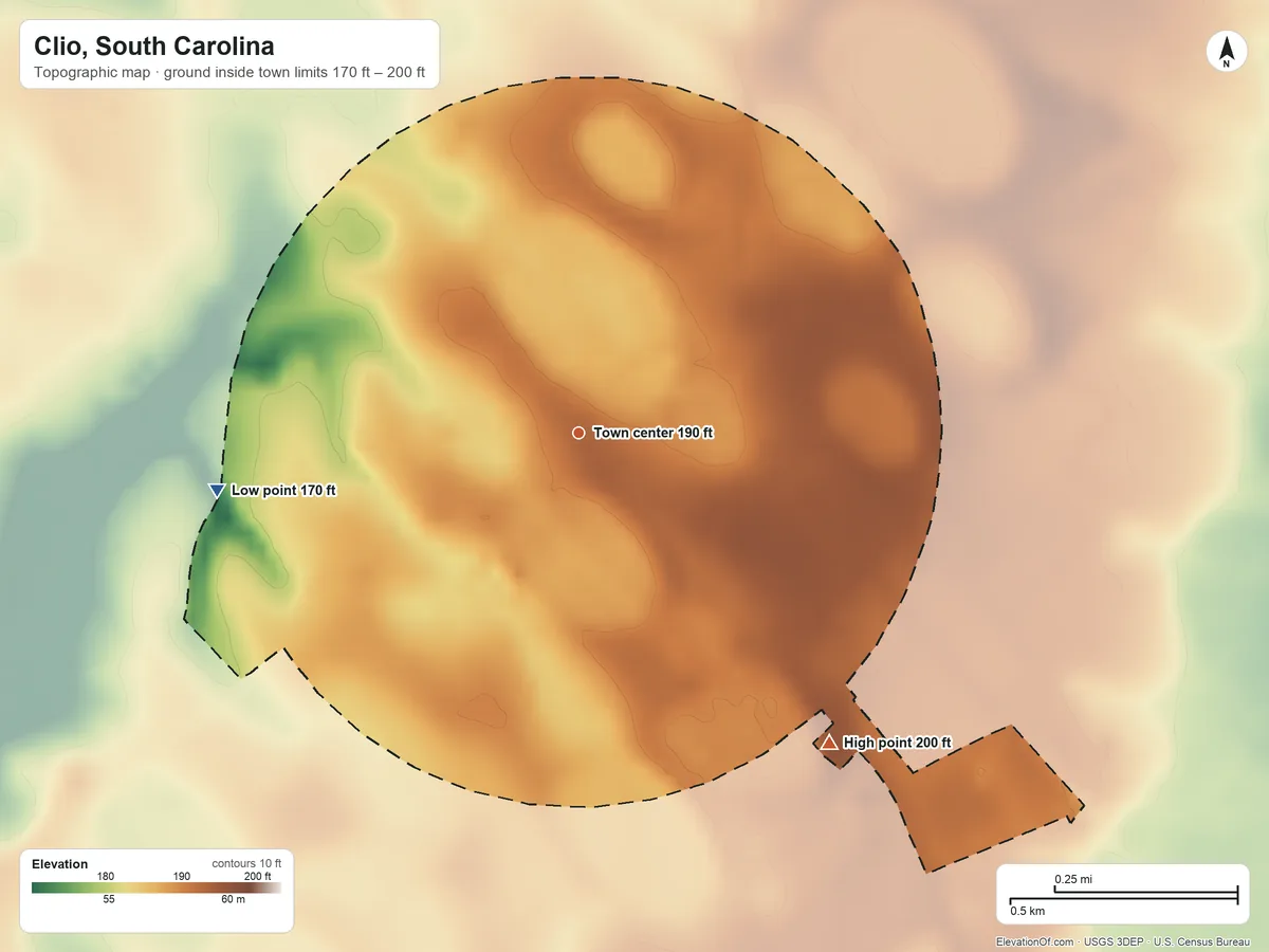 Topographic elevation map of Clio, South Carolina, shaded from 170 ft on the west side to 200 ft on the southeast side
