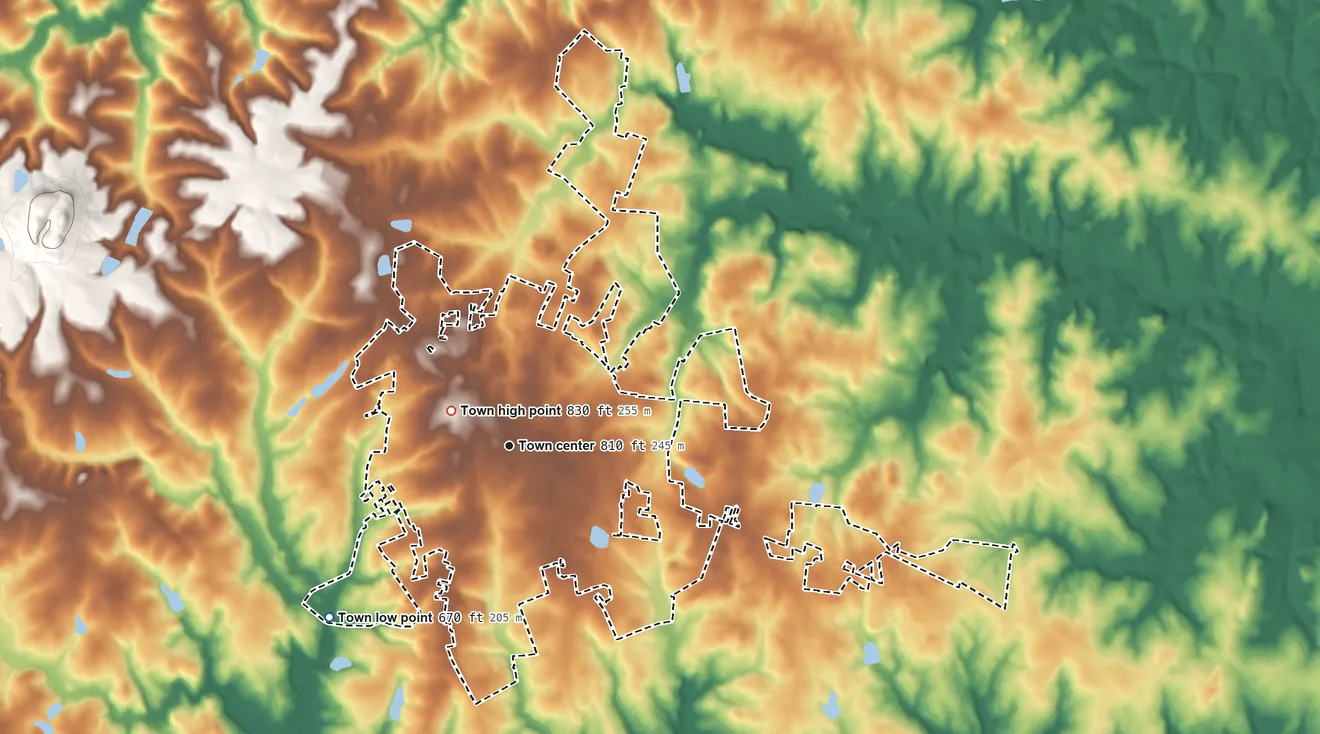 Topographic elevation map of Clover, South Carolina, shaded from 670 ft on the southwest side to 830 ft near the middle