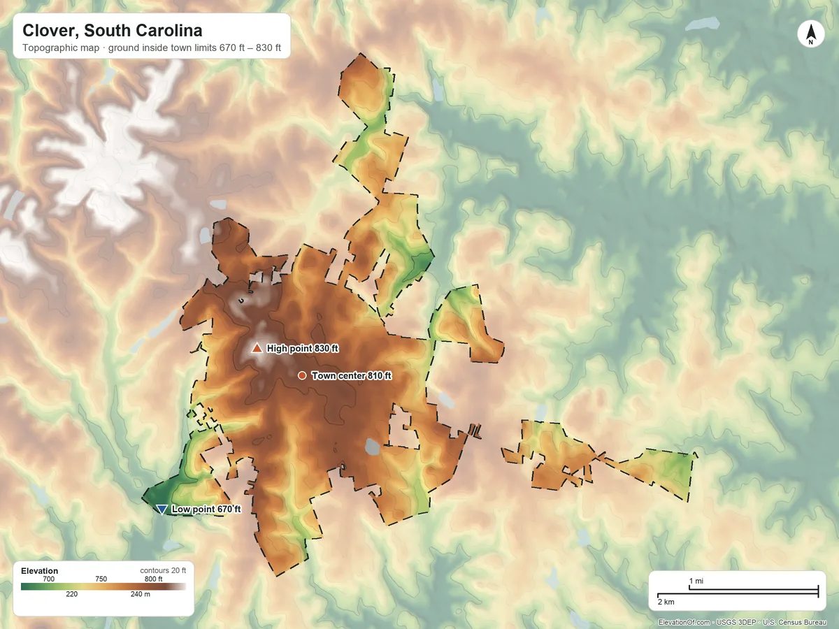 Topographic elevation map of Clover, South Carolina, shaded from 670 ft on the southwest side to 830 ft near the middle