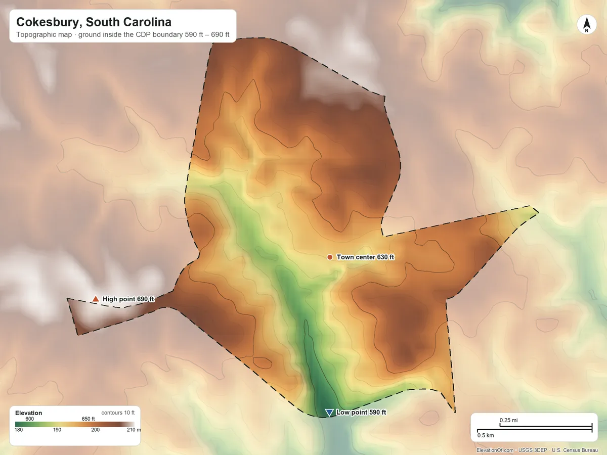 Topographic elevation map of Cokesbury, South Carolina, shaded from 590 ft on the south side to 690 ft on the west side