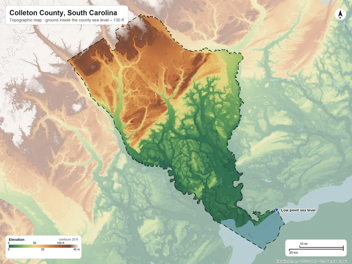 Topographic elevation map of Colleton County, South Carolina, shaded from sea level on the Atlantic Ocean to 130 ft on the northwest side