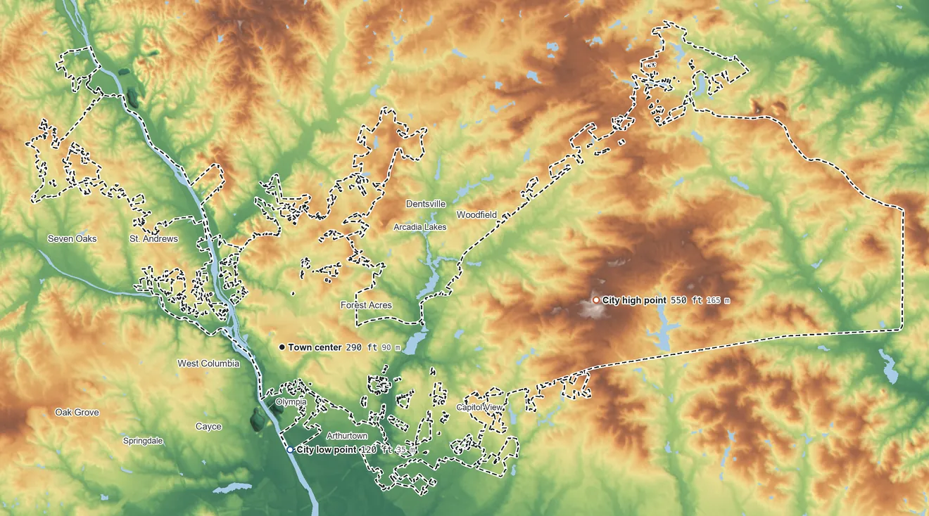Topographic elevation map of Columbia, South Carolina, shaded from 120 ft on the south side to 550 ft on the east side