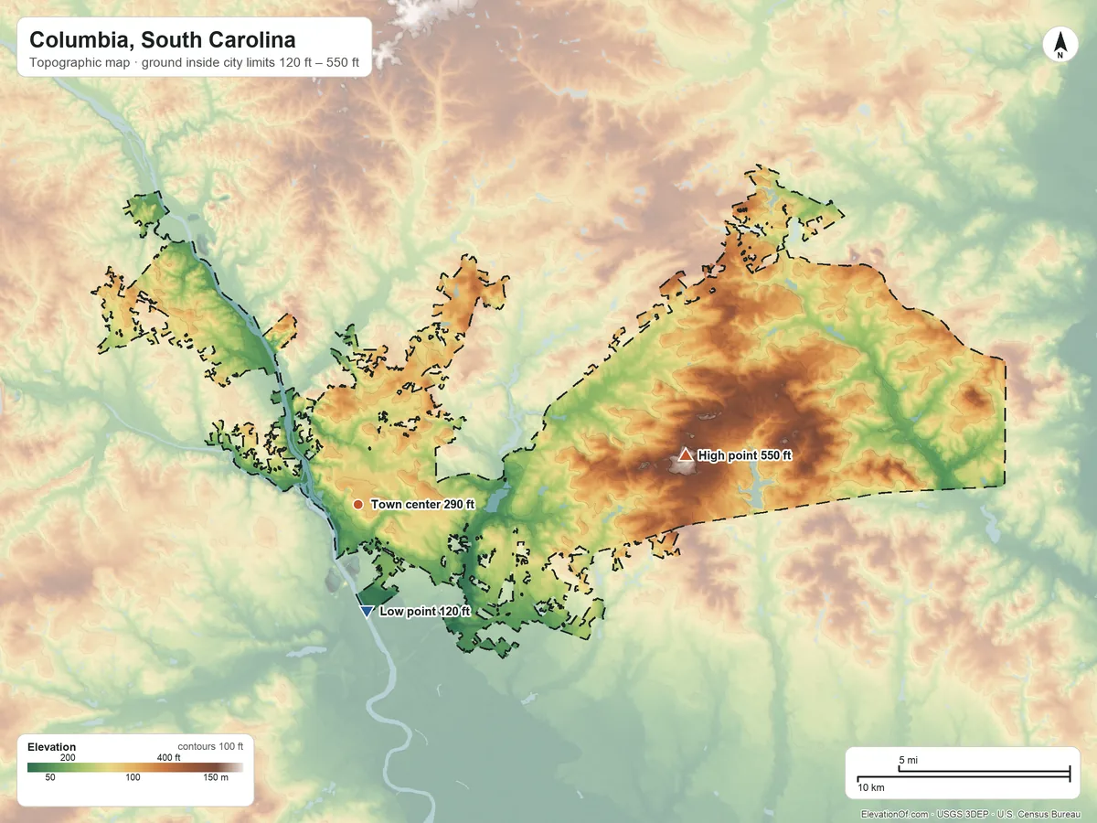 Topographic elevation map of Columbia, South Carolina, shaded from 120 ft on the south side to 550 ft on the east side