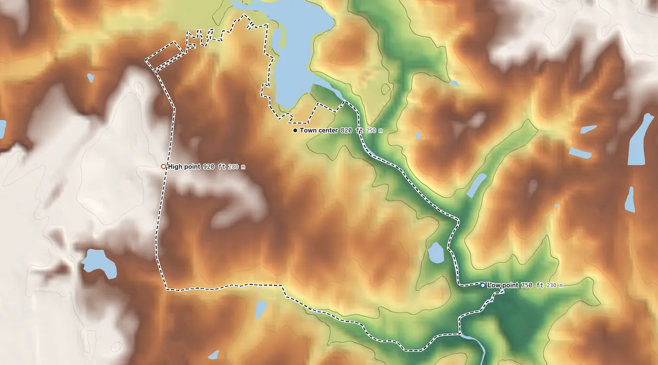 Topographic elevation map of Conestee, South Carolina, shaded from 750 ft on the southeast side to 920 ft on the west side