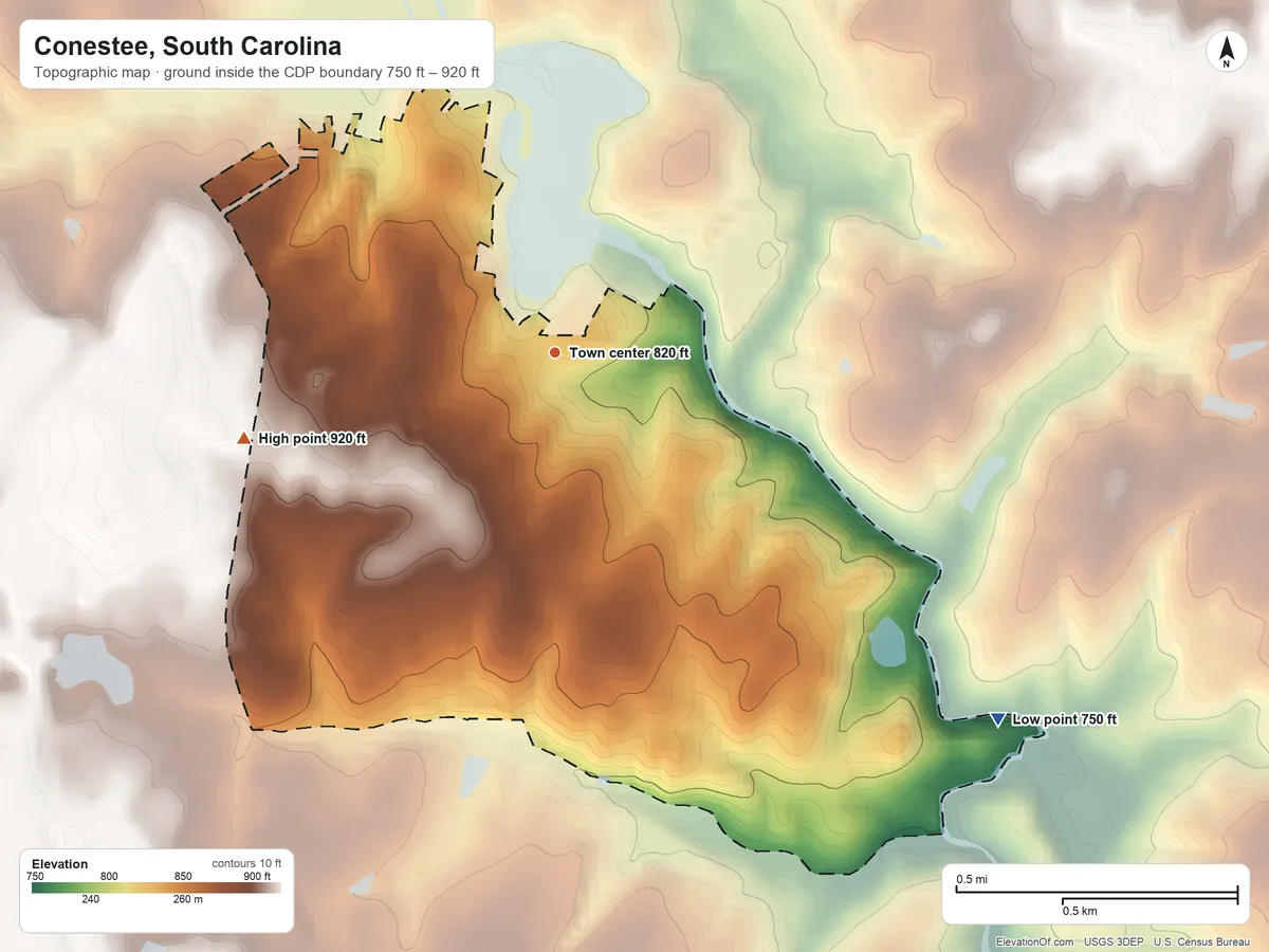 Topographic elevation map of Conestee, South Carolina, shaded from 750 ft on the southeast side to 920 ft on the west side