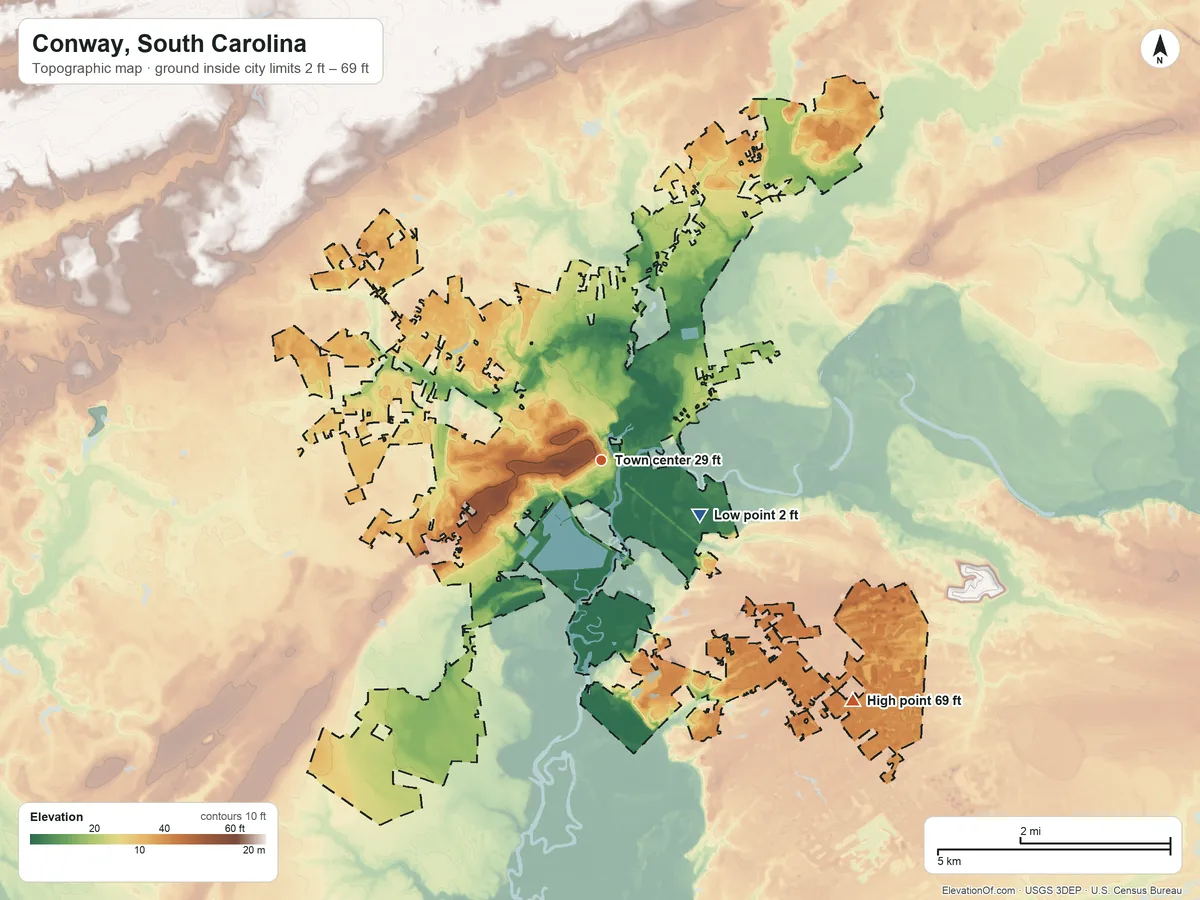 Topographic elevation map of Conway, South Carolina, shaded from 2 ft on the southeast side to 69 ft on the southeast side