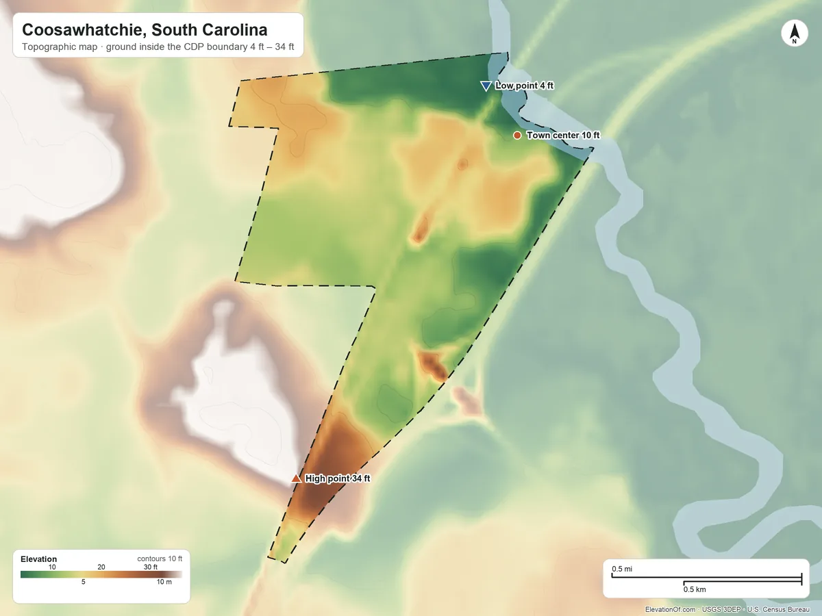 Topographic elevation map of Coosawhatchie, South Carolina, shaded from 4 ft near the middle to 34 ft on the southwest side