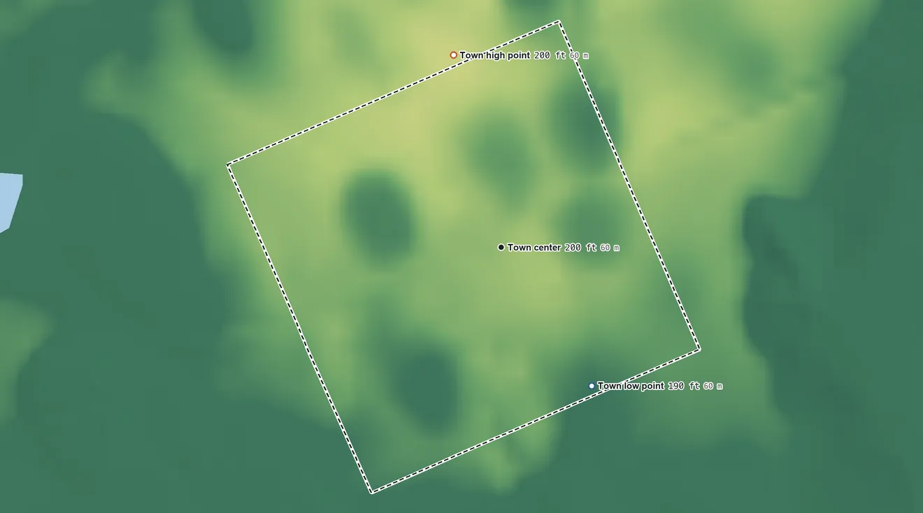 Topographic elevation map of Cope, South Carolina, shaded from 190 ft on the southeast side to 200 ft on the north side