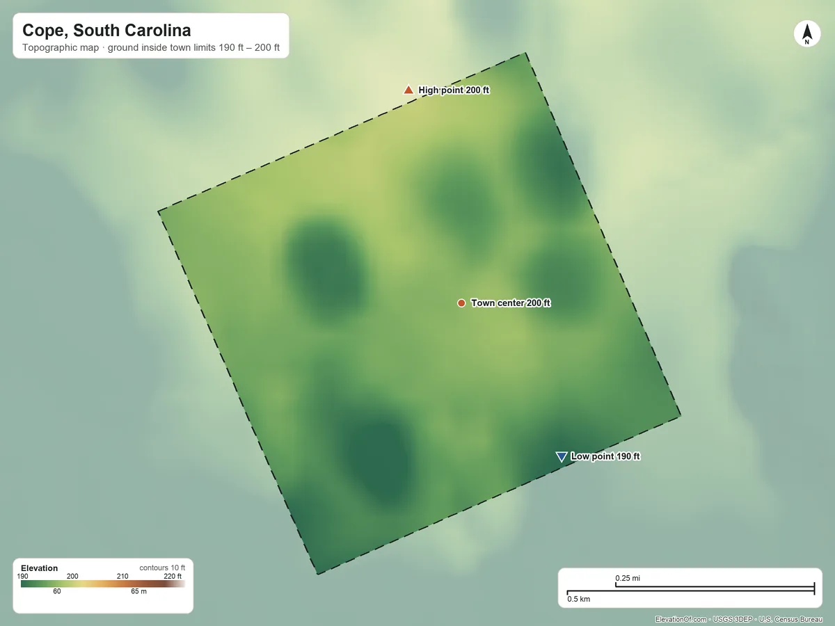 Topographic elevation map of Cope, South Carolina, shaded from 190 ft on the southeast side to 200 ft on the north side