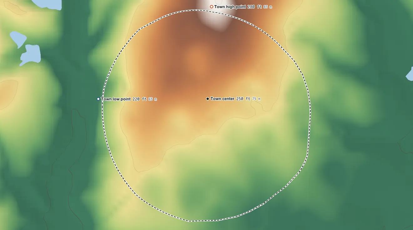 Topographic elevation map of Cordova, South Carolina, shaded from 220 ft on the west side to 280 ft on the north side
