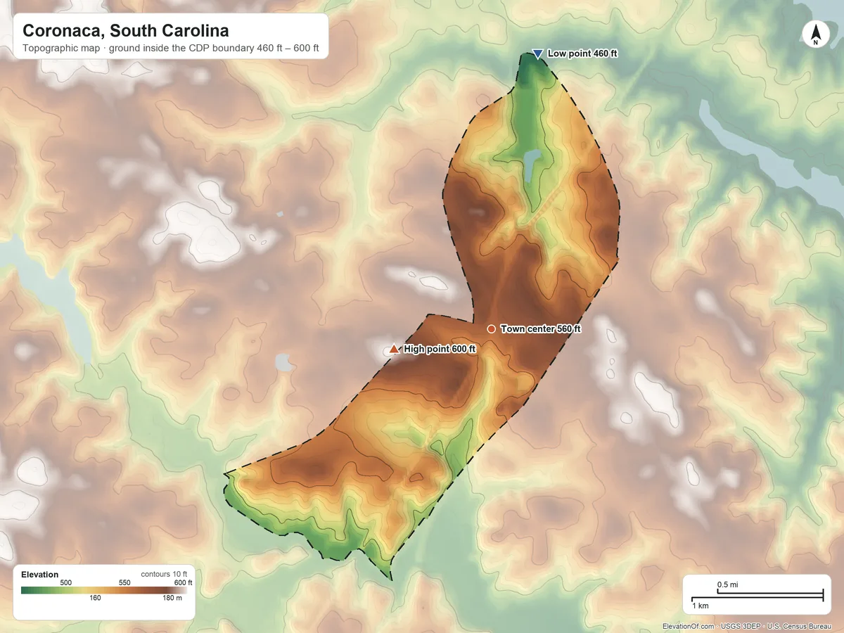 Topographic elevation map of Coronaca, South Carolina, shaded from 460 ft on the north side to 600 ft on the west side