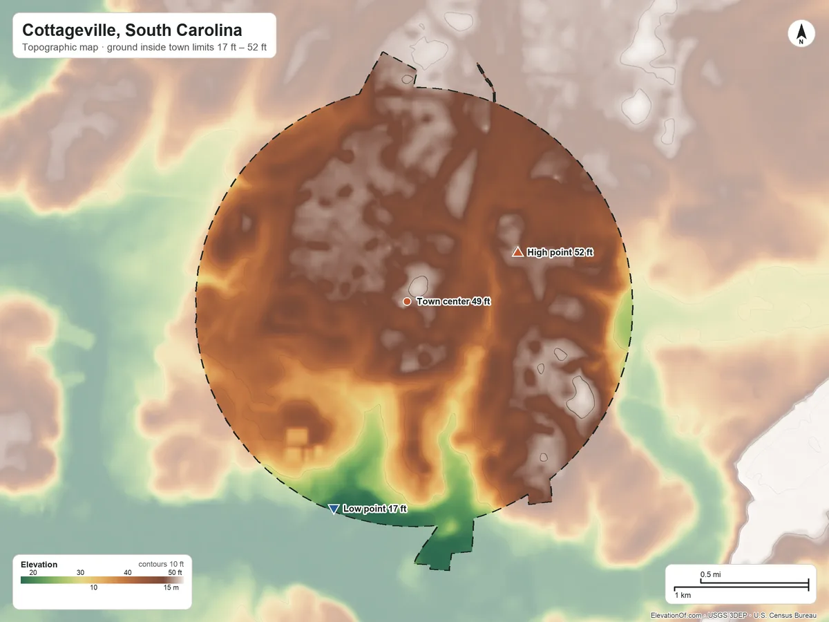 Topographic elevation map of Cottageville, South Carolina, shaded from 17 ft on the south side to 52 ft on the northeast side