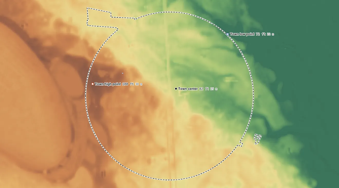 Topographic elevation map of Coward, South Carolina, shaded from 72 ft on the northeast side to 100 ft on the west side