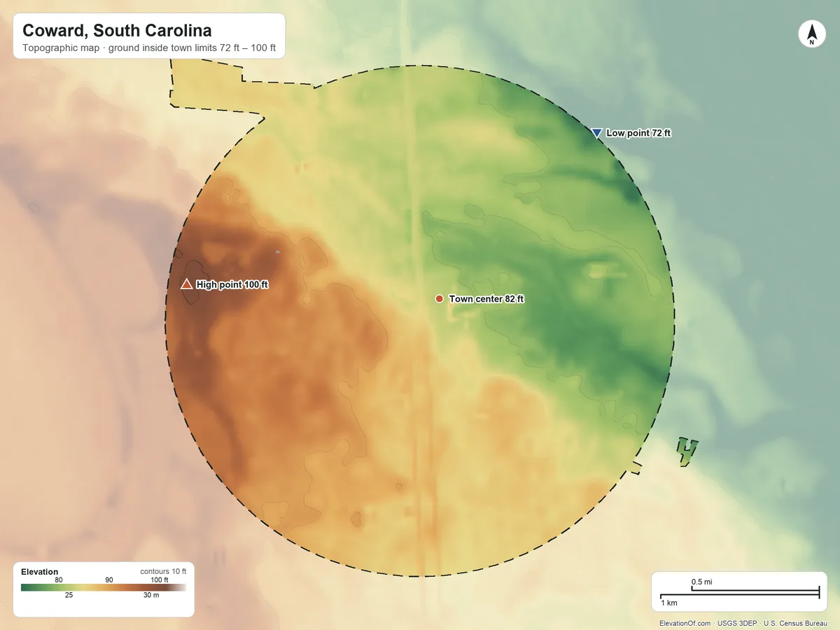 Topographic elevation map of Coward, South Carolina, shaded from 72 ft on the northeast side to 100 ft on the west side